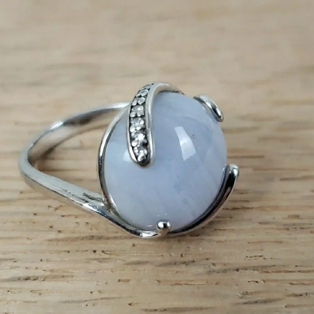 Blue Lace Agate Cabochon Ring CZ Accent 925 Silver Size 6